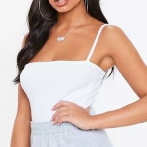Missguided Women 6 White Ribbed Spaghetti Straps Straight Neck Bodysuit NWT